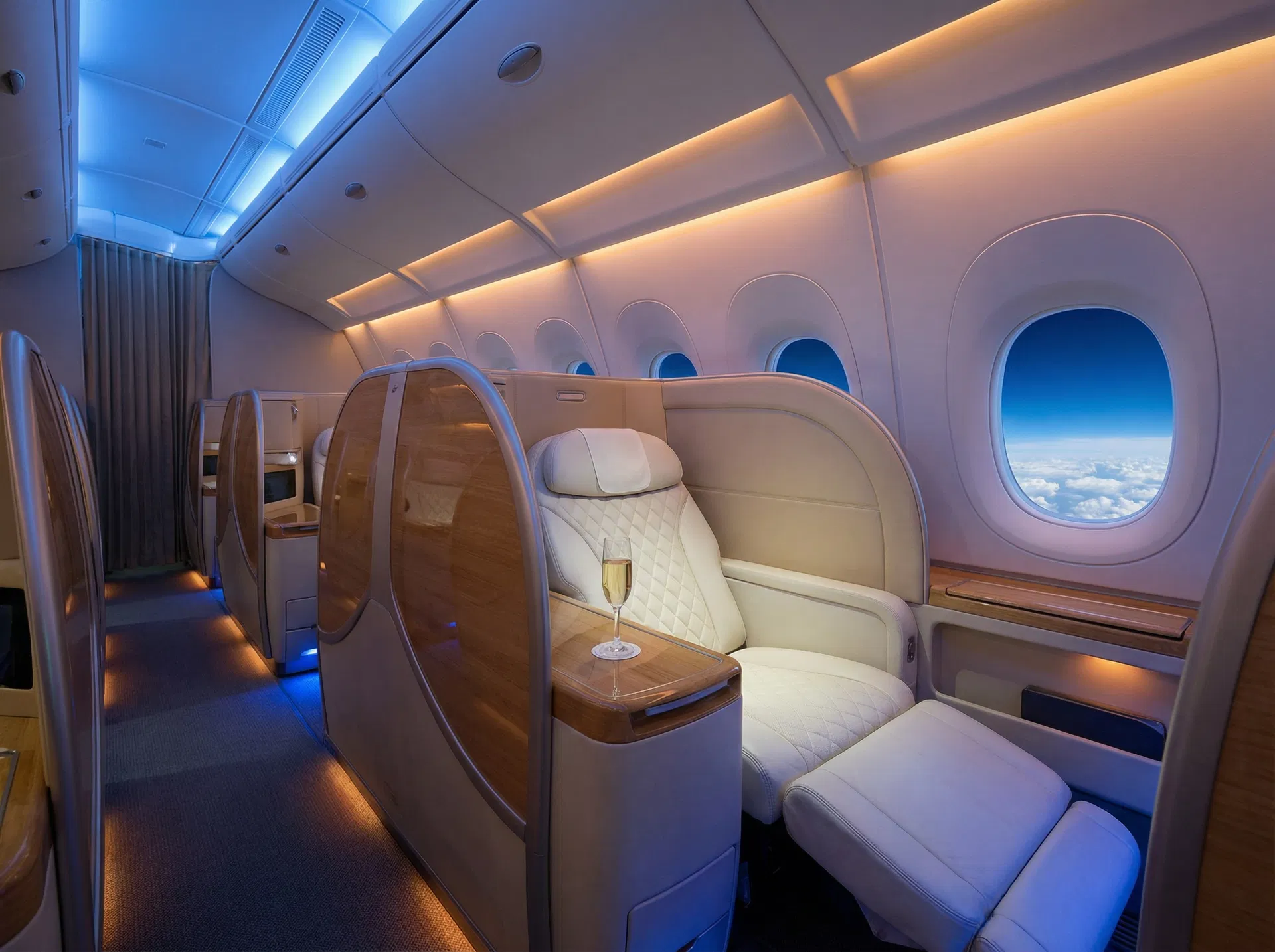Luxurious first class airplane cabin with champagne