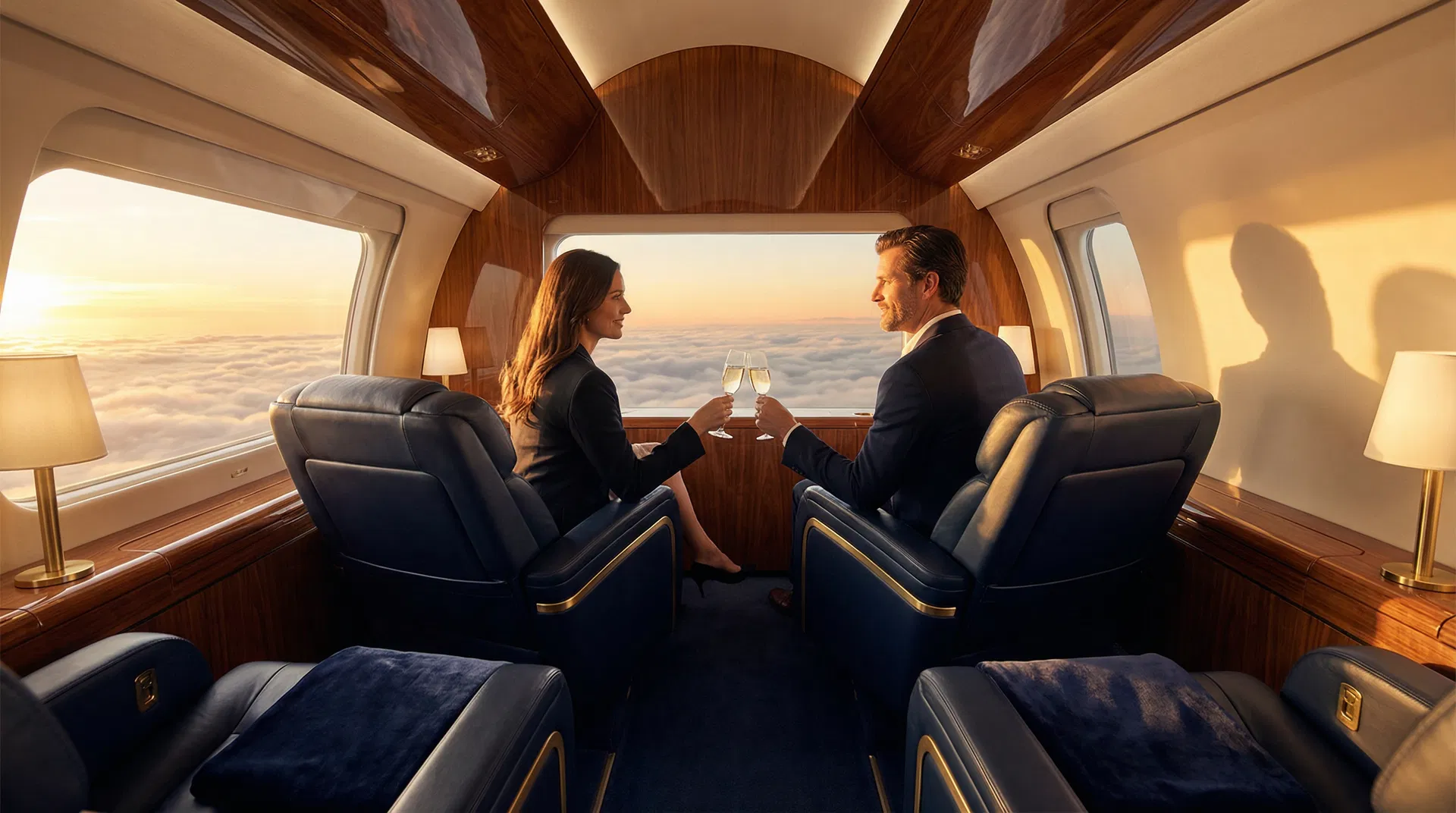 Couple toasting with champagne in a luxury private jet cabin at sunset