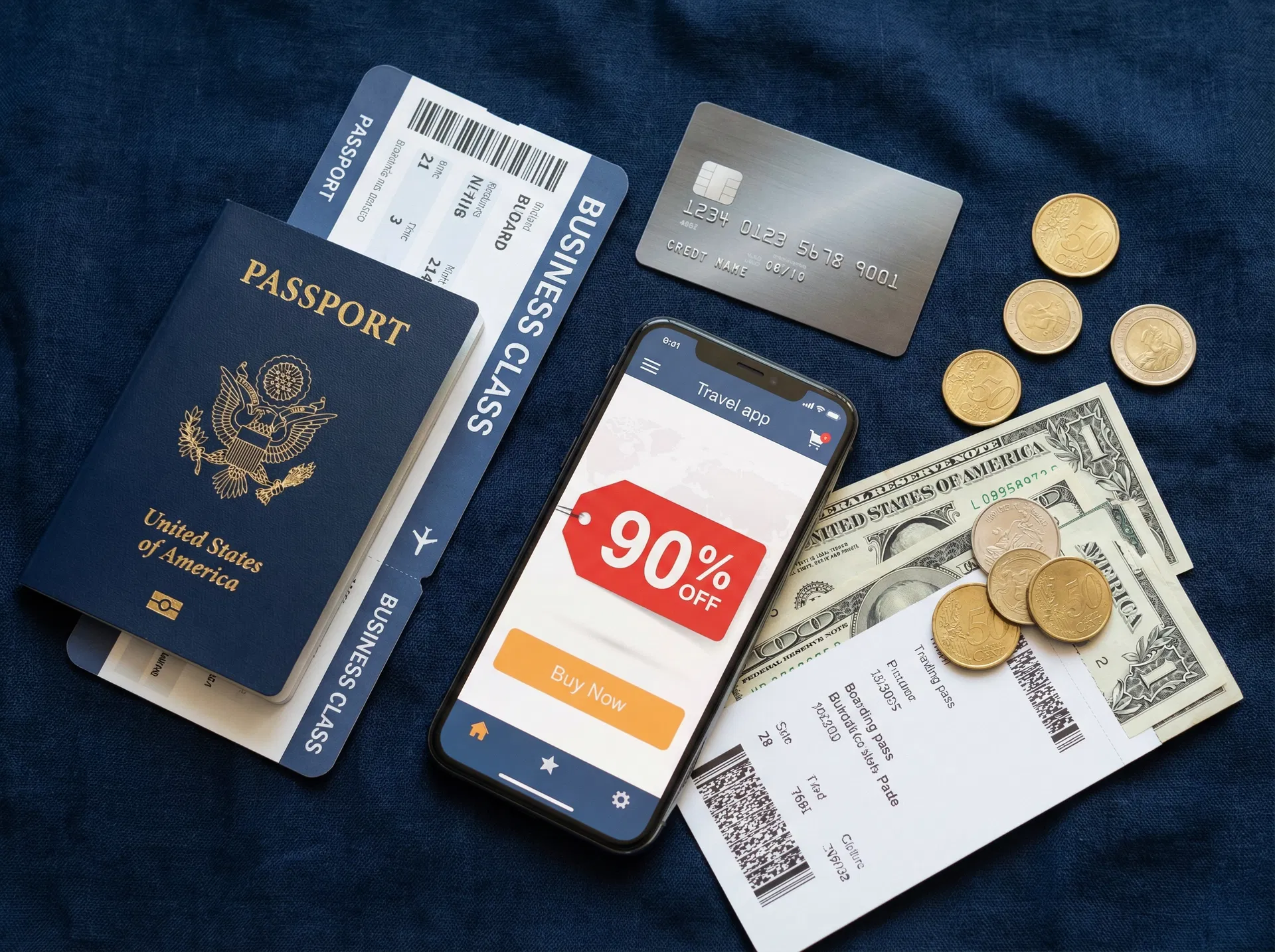 Business class boarding pass, passport and travel savings